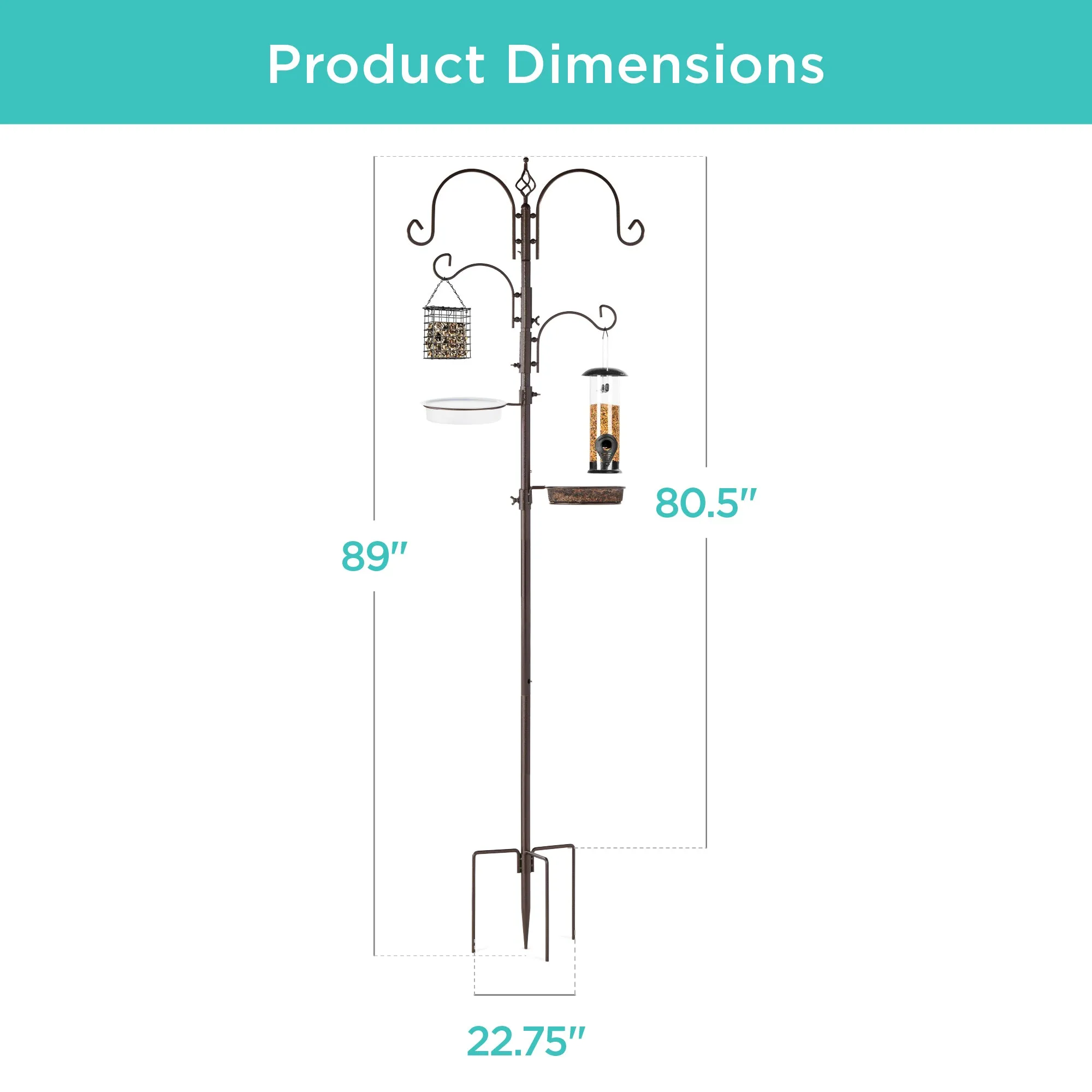 4-Hook Bird Feeding Station, Steel Feeder Stand w/ 2 Bird Feeders - 91in