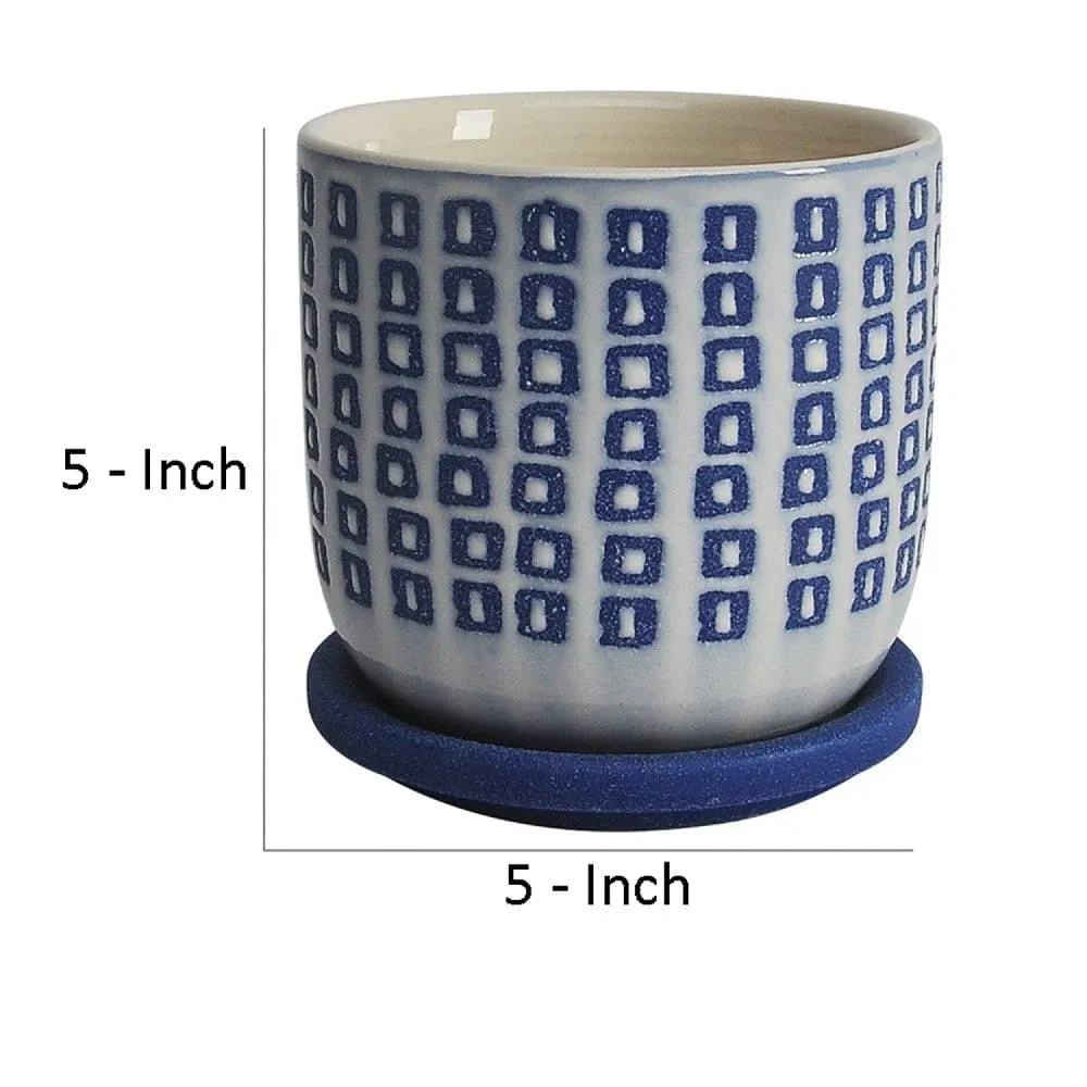 5 Inch Ceramic Planter, Saucer, Round, Square Pattern, White and Blue By Casagear Home