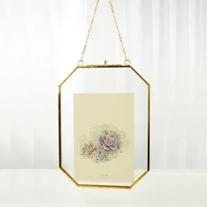 Art India Collections Home Decor Glass & Metal Hanging Picture Frame for Wall Decoration with 2 Sides Glass Golden Octagonal Decorative Hanging Photo Frame 5x7"