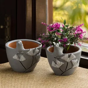Blooming Birdies' Handmade & Hand-painted Planter Pots In Terracotta (11.4 cm | Set of 2)