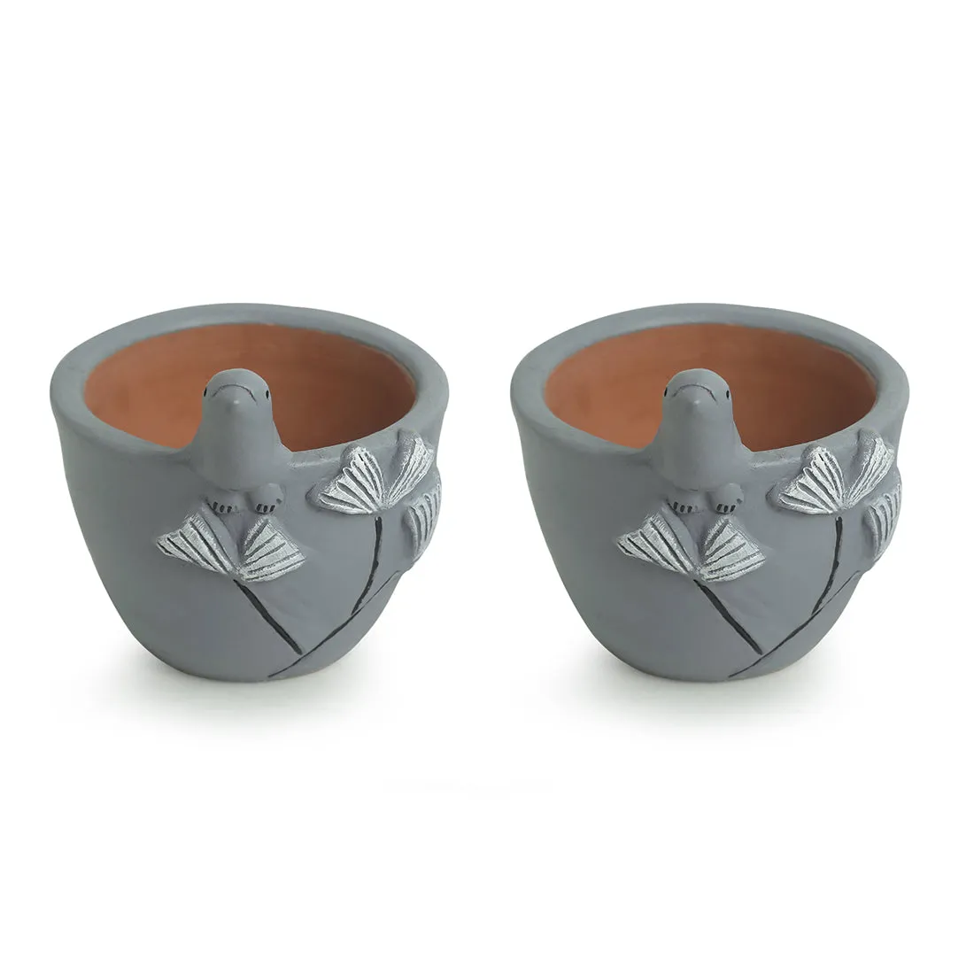 Blooming Birdies' Handmade & Hand-painted Planter Pots In Terracotta (11.4 cm | Set of 2)