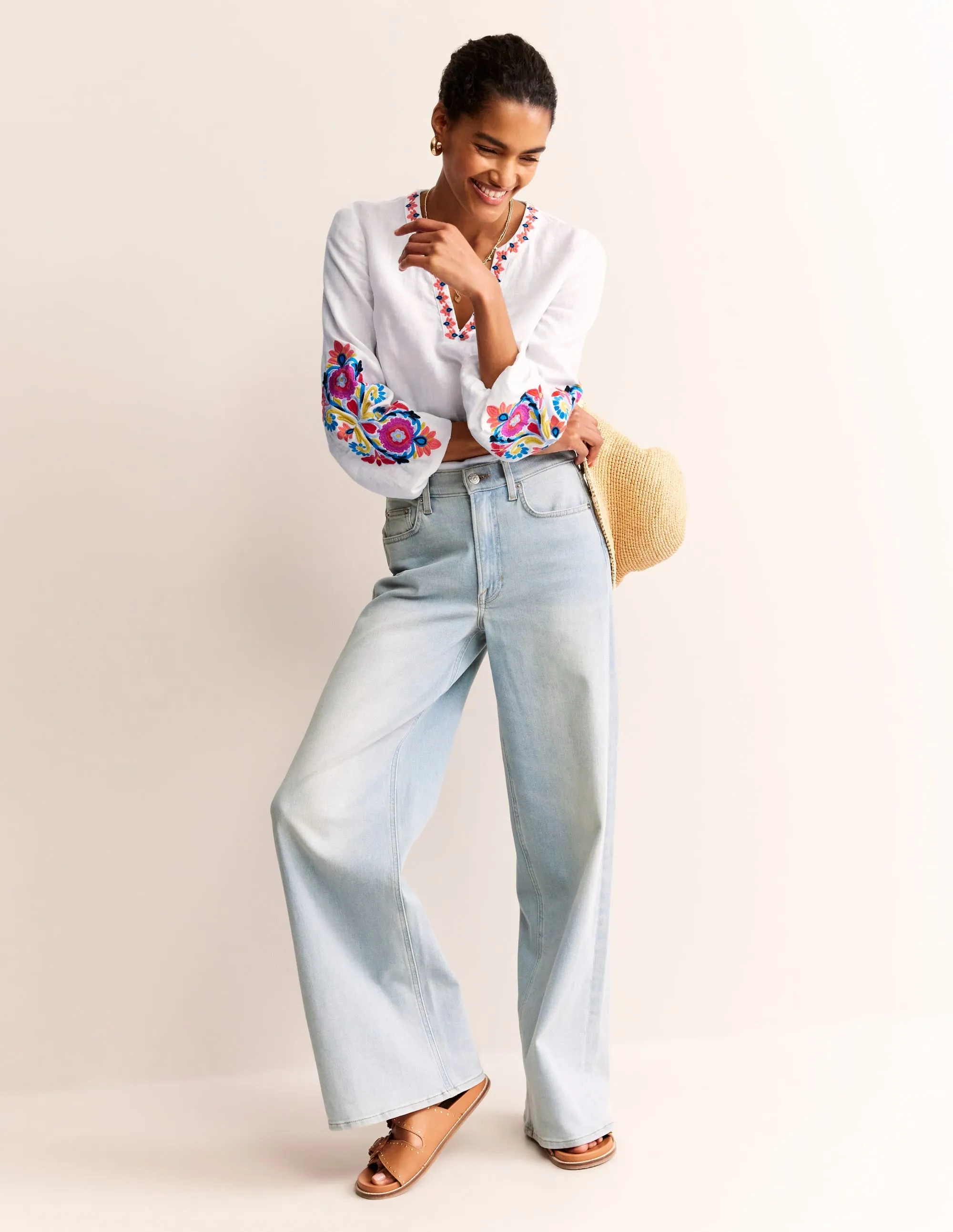Bonnie Linen Top-White, Multi Floral