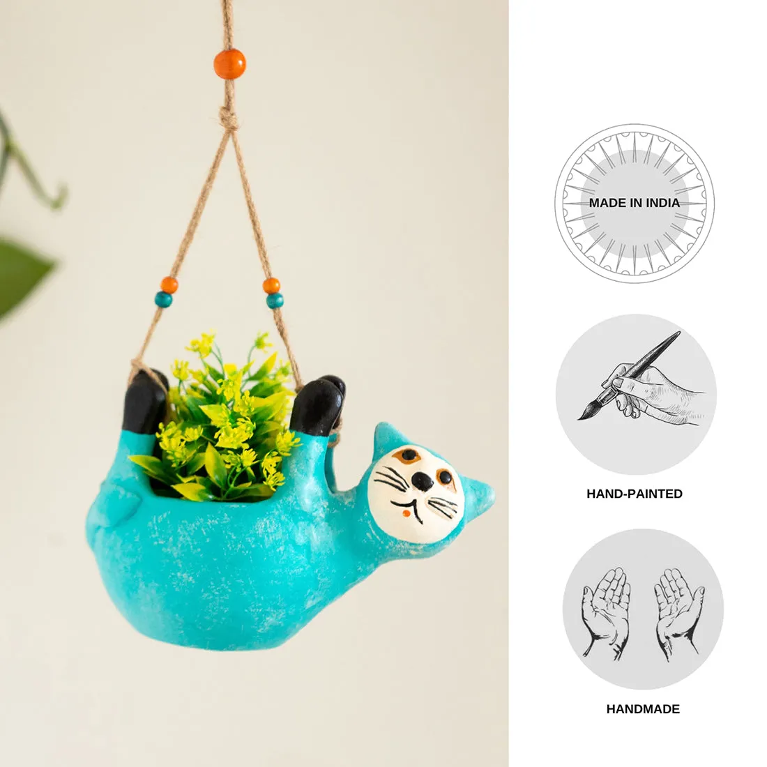 'Cuddling Koala' Hanging Planter Pot In Terracotta (16 cm, Handmade & Hand-Painted, Blue)