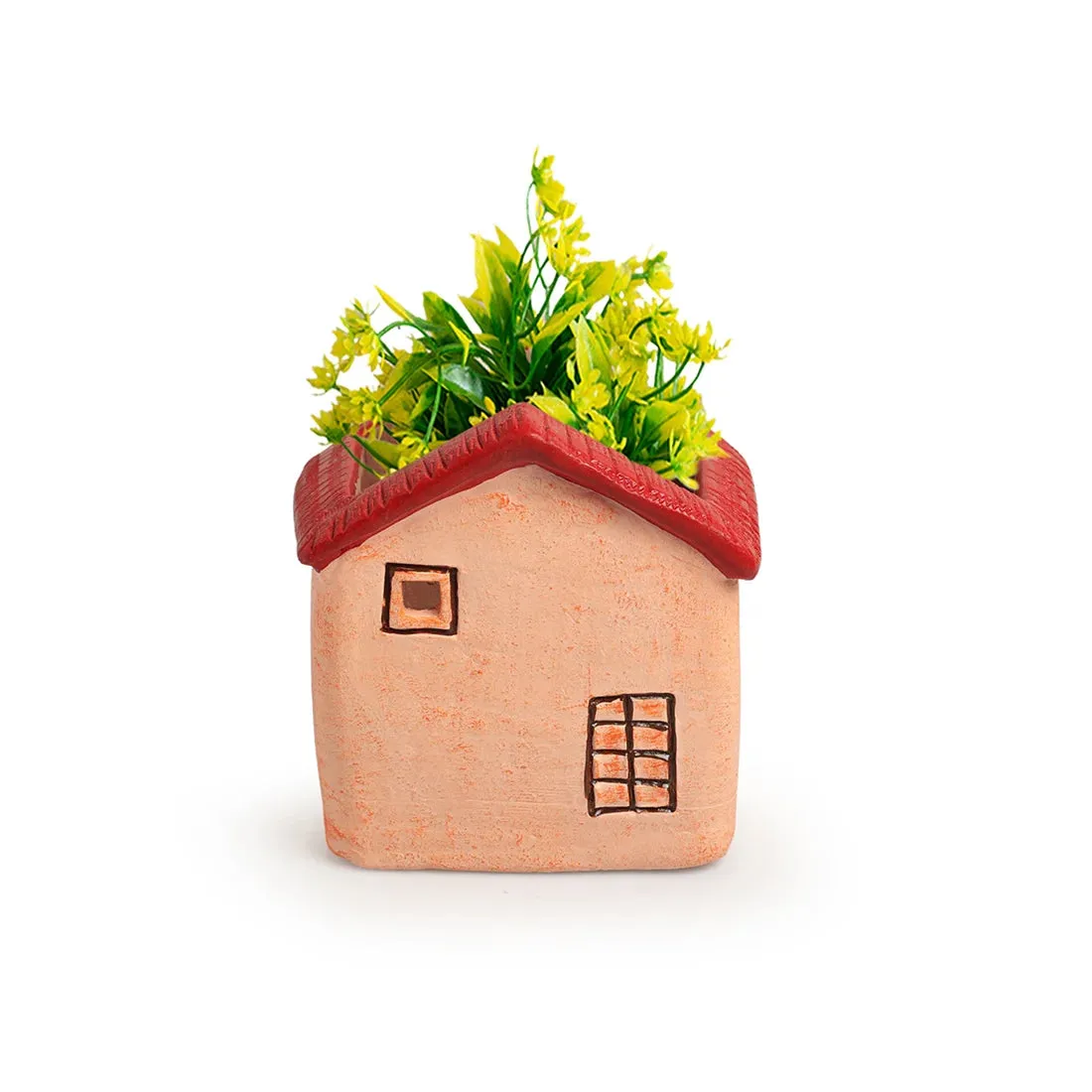'Homely Cottage' Handmade & Hand-Painted Terracotta Table Planter Flower Pot (14.5 cm, Peach)