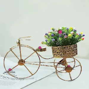 Improvhome Artifical Flower Bunch with Metal Cycle Vases for Table Desktop, Living Room Office Decoration, Cycle Basket Moving with Assorted Flower Multi Color (W - 12" X H 8" X 4")