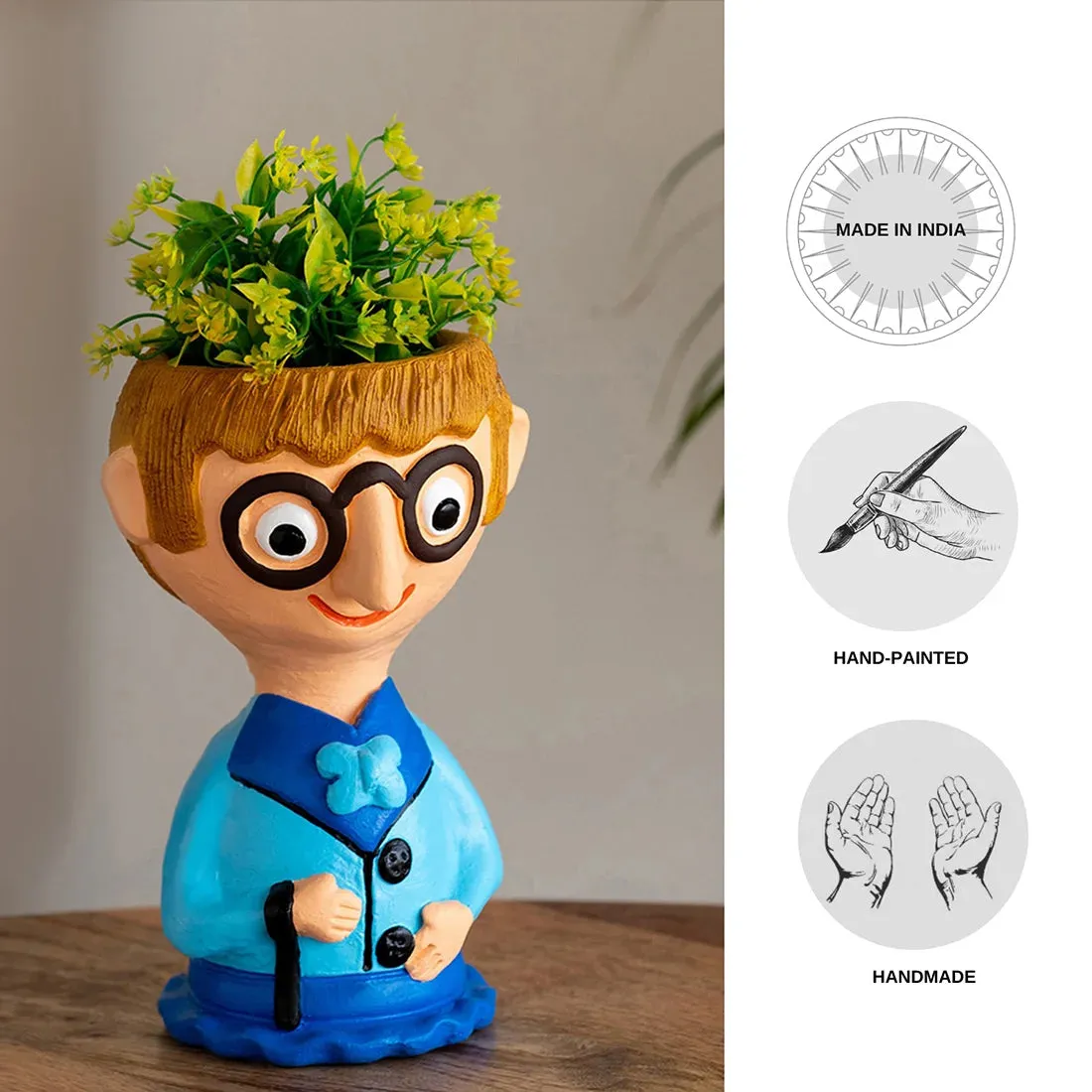 'Nerdy Boy' Handmade & Hand-Painted Terracotta Table Planter Flower Pot (22.9 cm, Multicolored)