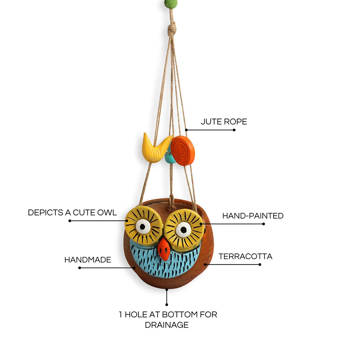 'Night Owl' Hanging Planter Pot In Terracotta (14.2 cm, Handmade & Hand-Painted, Brown)