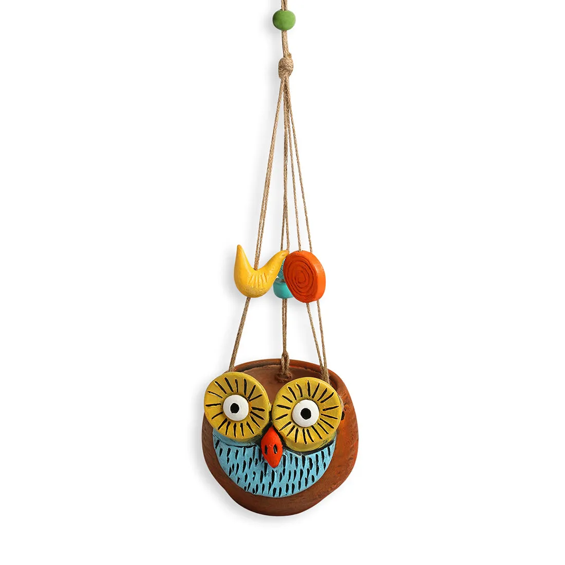 'Night Owl' Hanging Planter Pot In Terracotta (14.2 cm, Handmade & Hand-Painted, Brown)