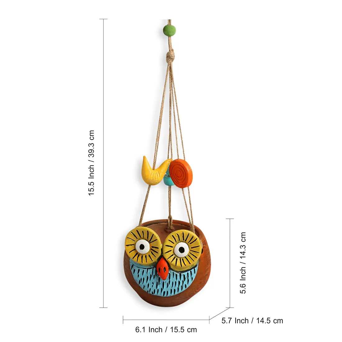 'Night Owl' Hanging Planter Pot In Terracotta (14.2 cm, Handmade & Hand-Painted, Brown)