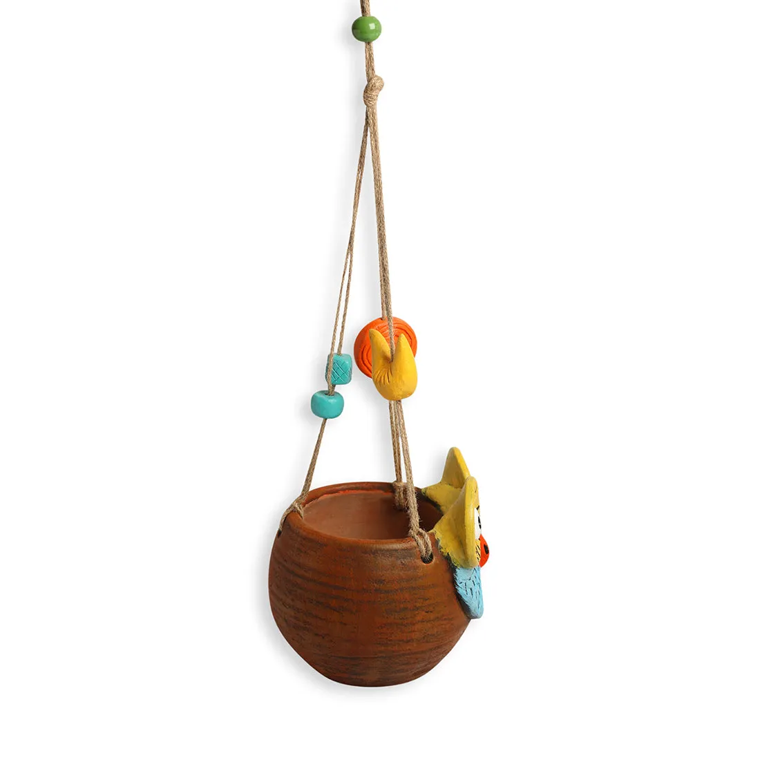'Night Owl' Hanging Planter Pot In Terracotta (14.2 cm, Handmade & Hand-Painted, Brown)