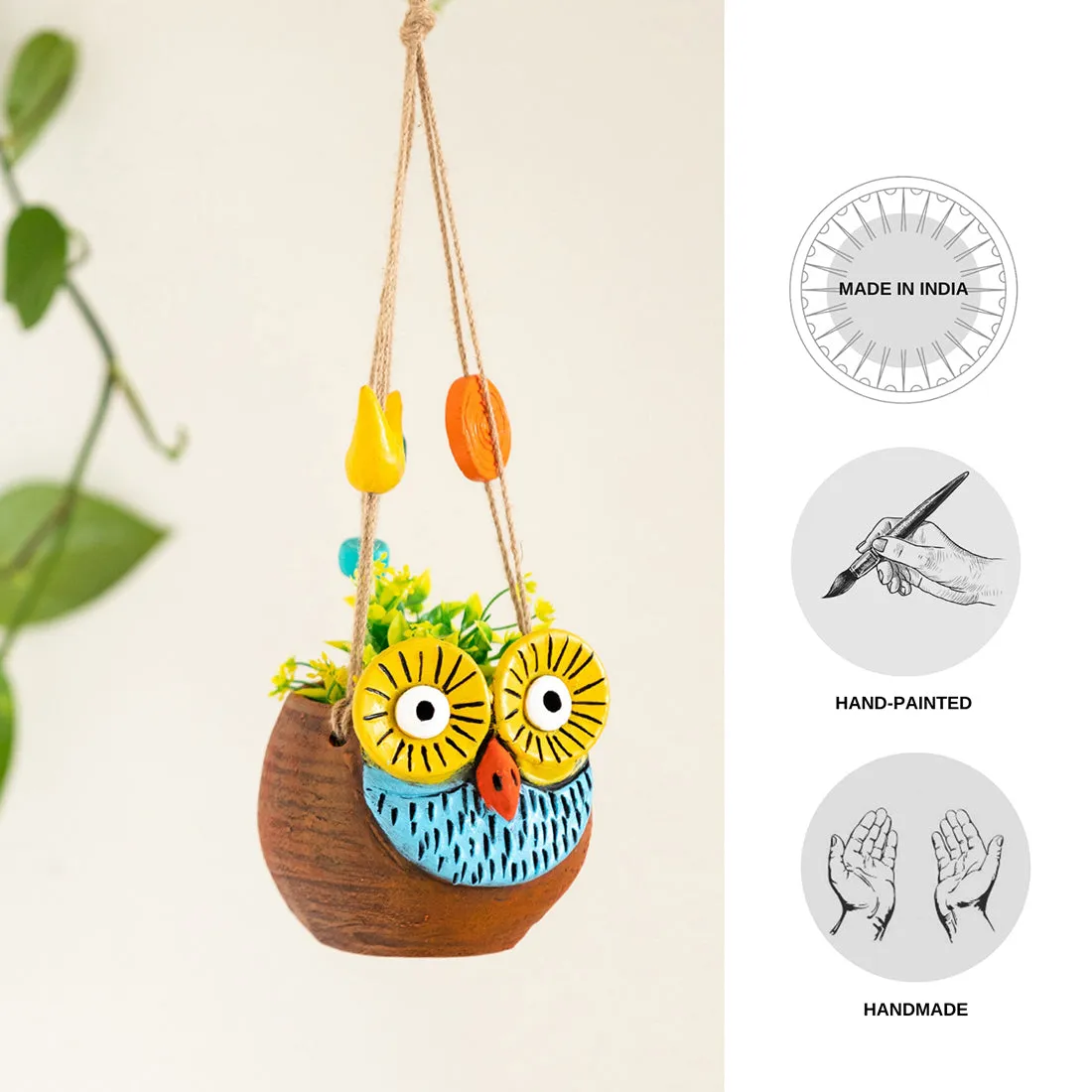 'Night Owl' Hanging Planter Pot In Terracotta (14.2 cm, Handmade & Hand-Painted, Brown)