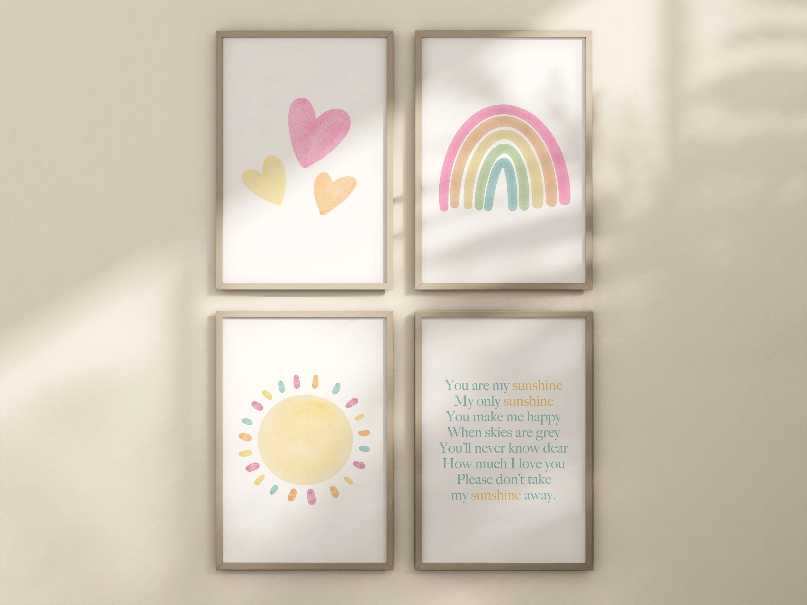 Pastel You Are My Sunshine Set of 4 Nursery Art Prints, Sun, Rainbow Nursery Wall Art, Nursery Decor, Play Room, Baby Room Ideas, 093