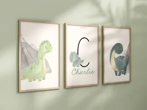 Personalized Dinosaur Set of 3 Nursery Art Prints, Boy Nursery Wall Art Green, Dino Nursery Decor, Play Room, Boy Baby Ideas, Kids room, 112