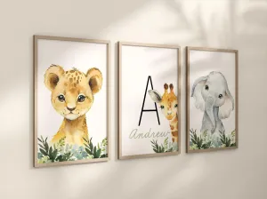 Personalized Set of 3 Safari Animal Nursery Prints with Lion, Elephant, and Giraffe