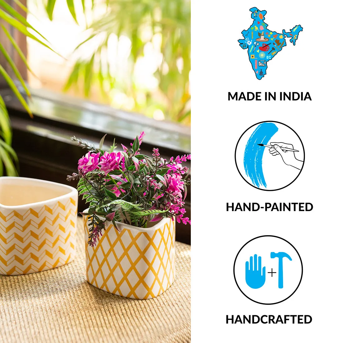 'Plaid Designs' Hand-Painted Table Planter Pots In Ceramic (Set of 2)