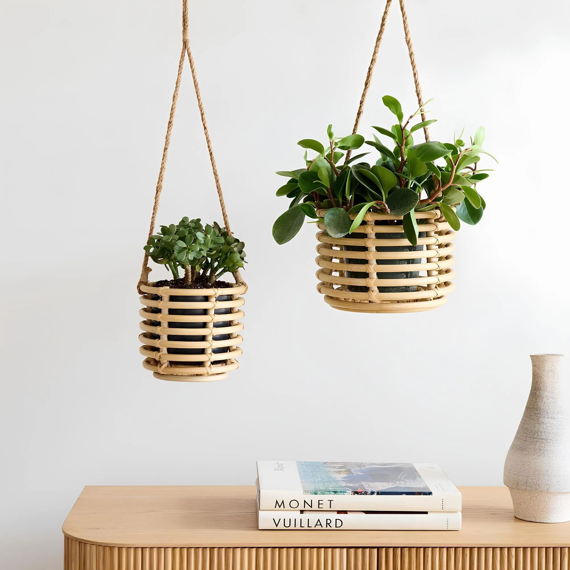 Rattan Hanging Plant Pots | Cane Hanging Flower Pots | Bamboo Hanging Planters Set of 2 - Asmee