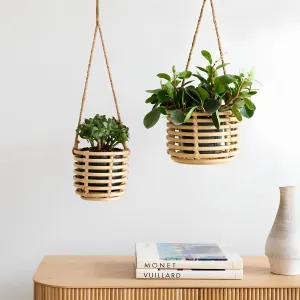 Rattan Hanging Plant Pots | Cane Hanging Flower Pots | Bamboo Hanging Planters Set of 2 - Asmee