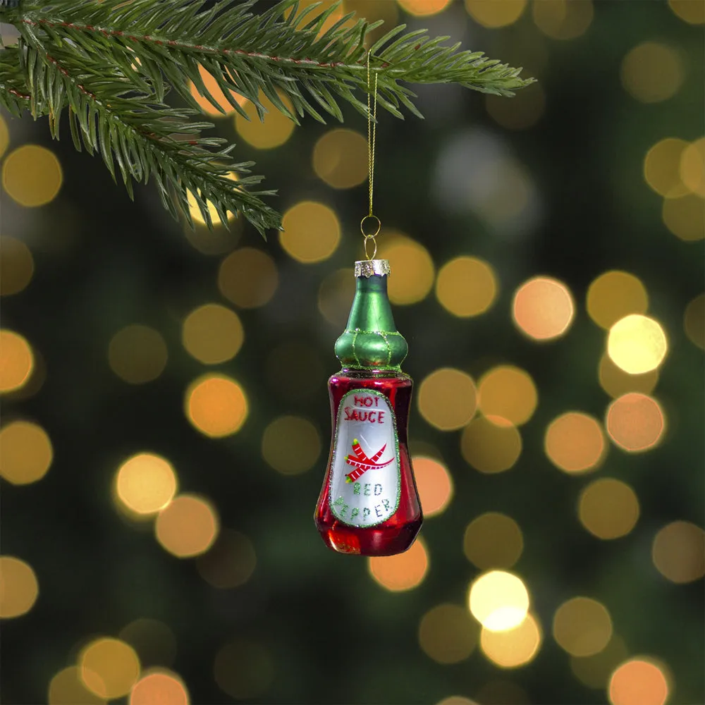Red And Green Glass Bottle Of Hot Sauce Christmas Ornament