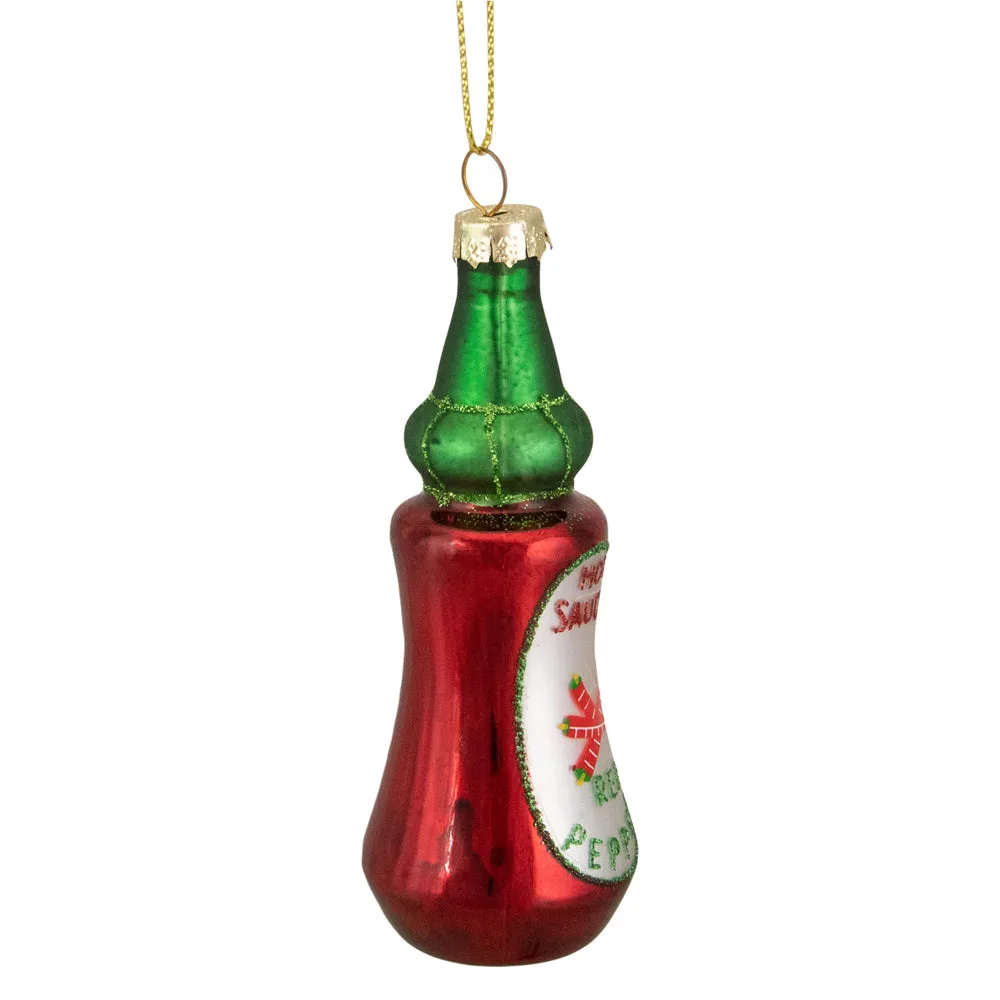Red And Green Glass Bottle Of Hot Sauce Christmas Ornament