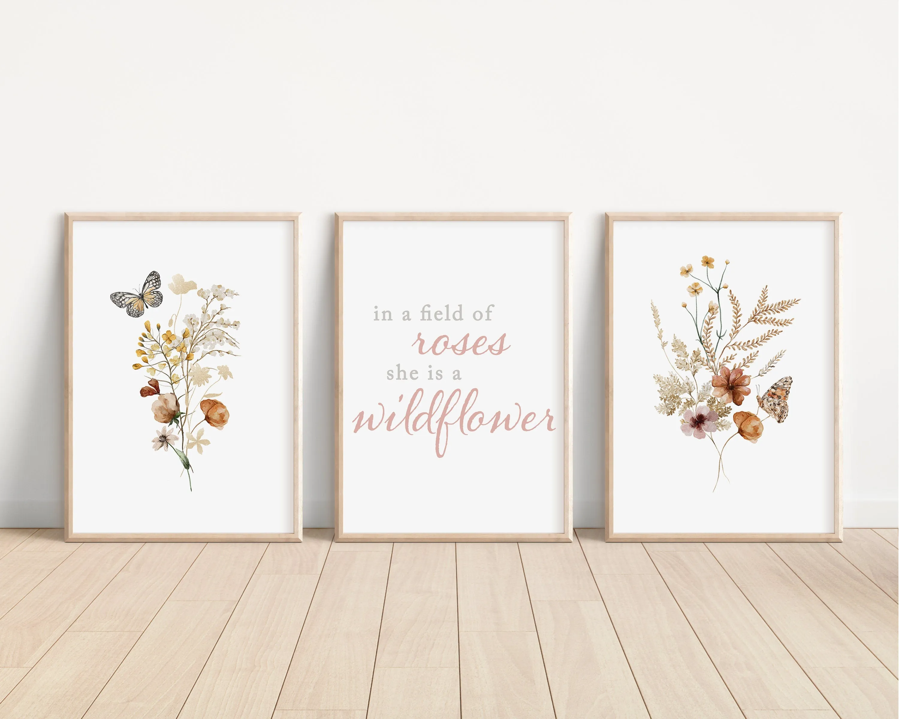 Set of 3 Boho Wildflowers Floral Art Prints, Leaf Art, Botanical Meadows, Bloom Bouquet, Nursery Decor, Play Room, Girl Baby Room Ideas 060