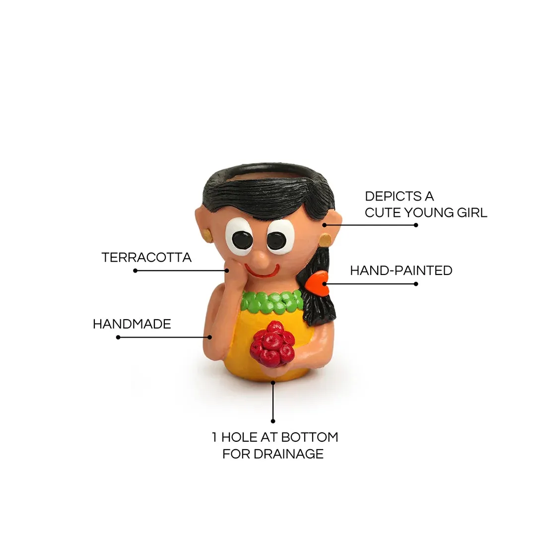 'Shy Maiden' Handmade & Hand-Painted Terracotta Table Planter Flower Pot (18.5 cm, Multicolored)