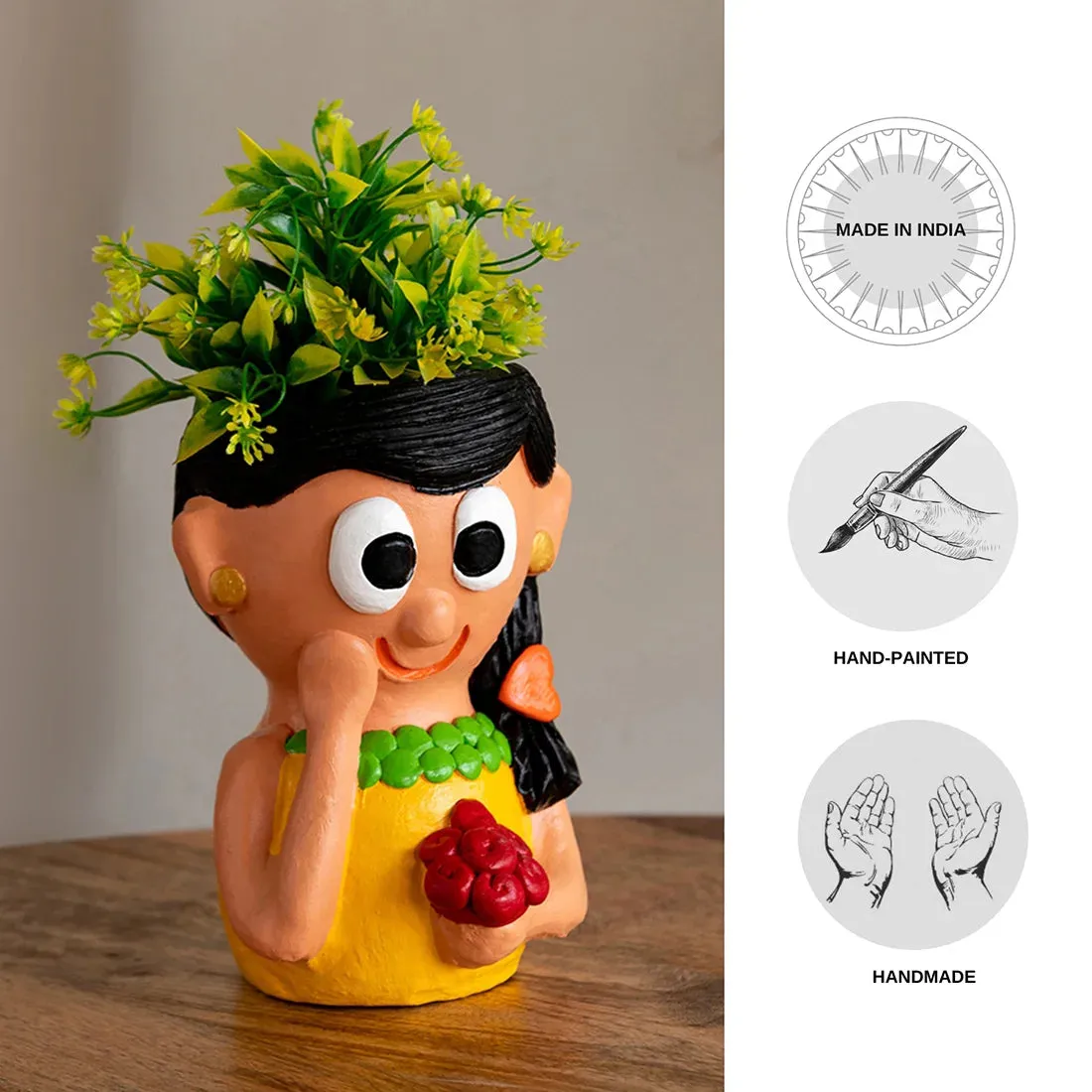 'Shy Maiden' Handmade & Hand-Painted Terracotta Table Planter Flower Pot (18.5 cm, Multicolored)