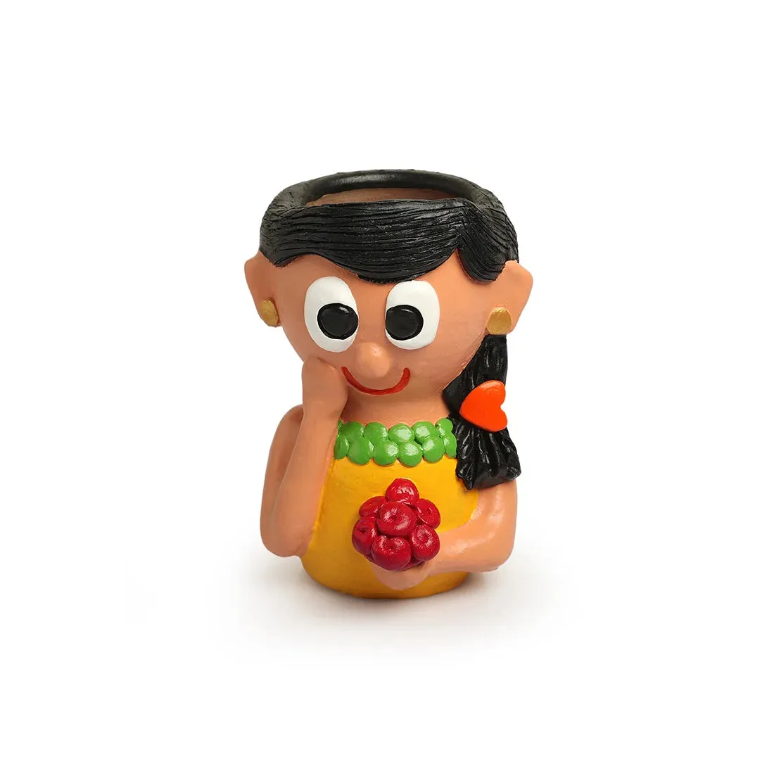 'Shy Maiden' Handmade & Hand-Painted Terracotta Table Planter Flower Pot (18.5 cm, Multicolored)