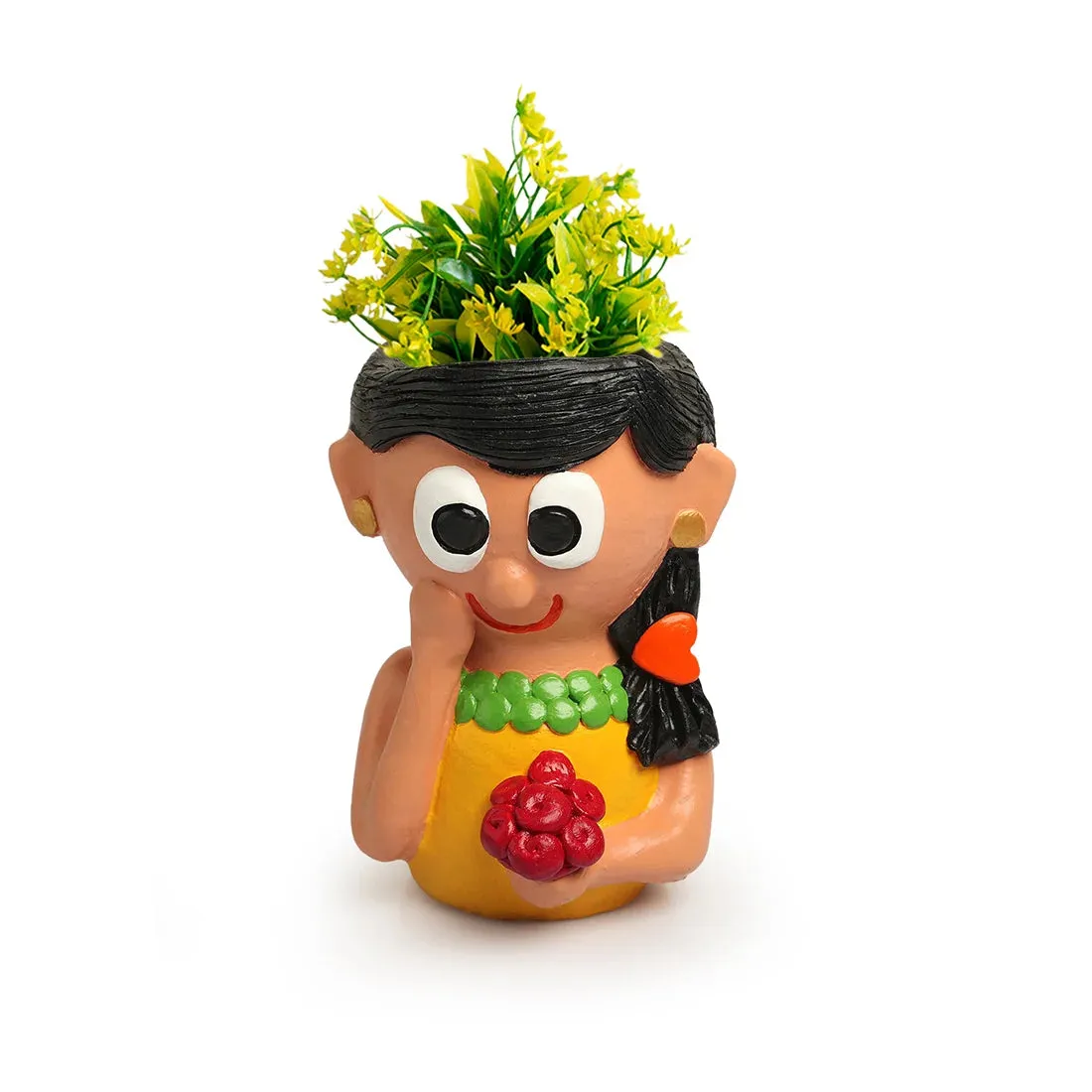 'Shy Maiden' Handmade & Hand-Painted Terracotta Table Planter Flower Pot (18.5 cm, Multicolored)