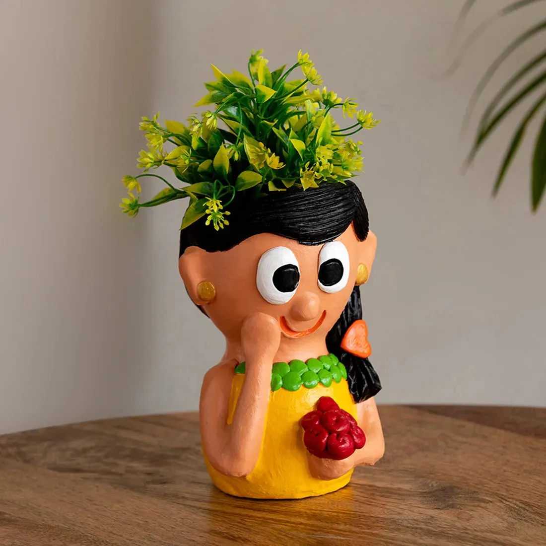 'Shy Maiden' Handmade & Hand-Painted Terracotta Table Planter Flower Pot (18.5 cm, Multicolored)