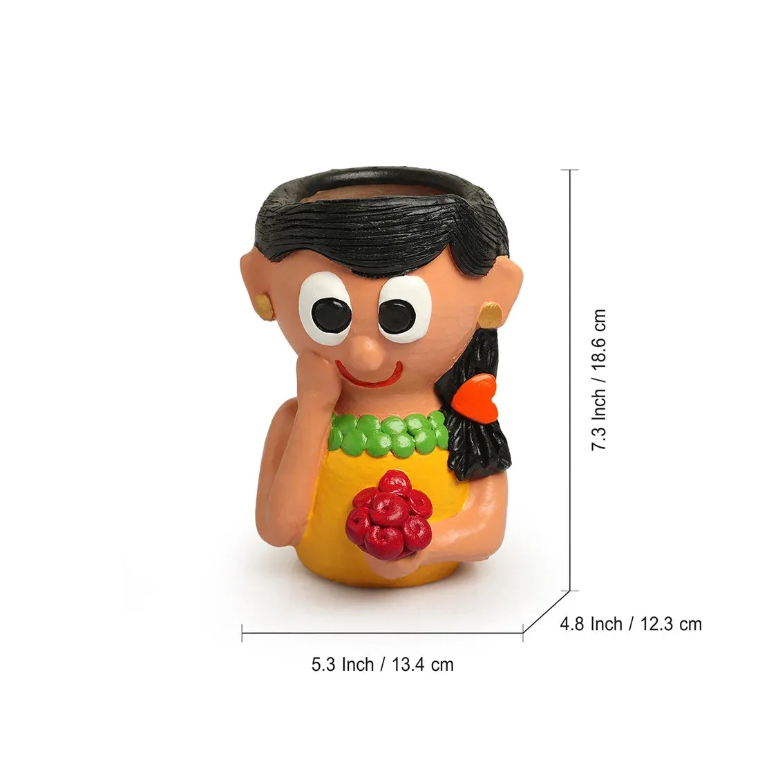 'Shy Maiden' Handmade & Hand-Painted Terracotta Table Planter Flower Pot (18.5 cm, Multicolored)