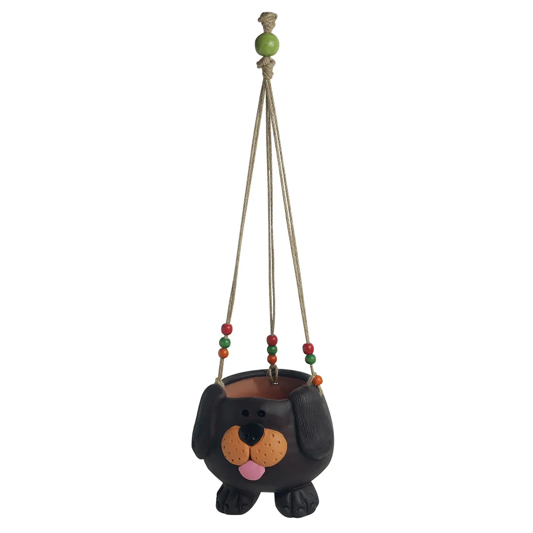 'Swinging Dog' Handmade & Hand-painted Hanging Planter Pot In Terracotta (14 cm)