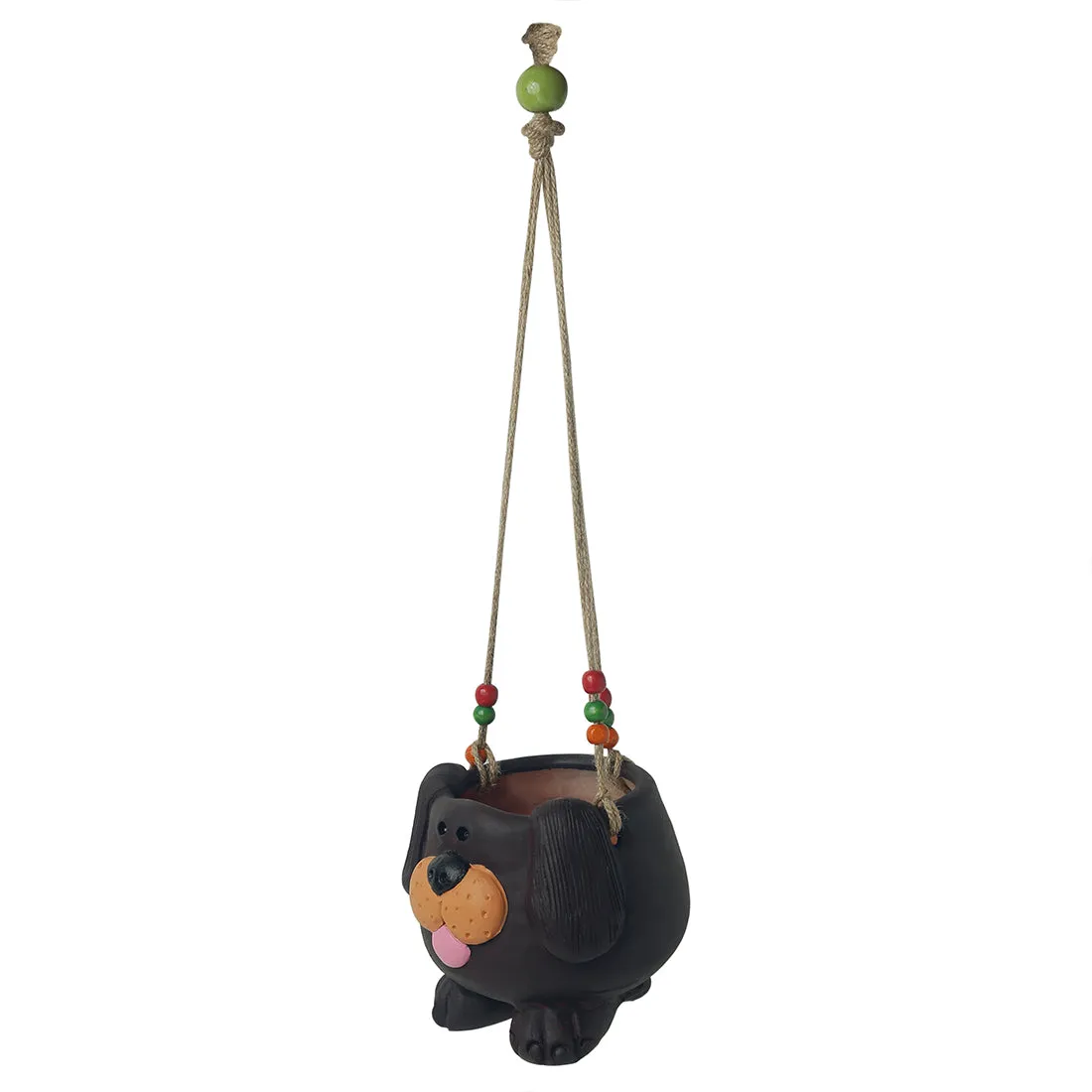'Swinging Dog' Handmade & Hand-painted Hanging Planter Pot In Terracotta (14 cm)