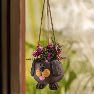 'Swinging Dog' Handmade & Hand-painted Hanging Planter Pot In Terracotta (14 cm)
