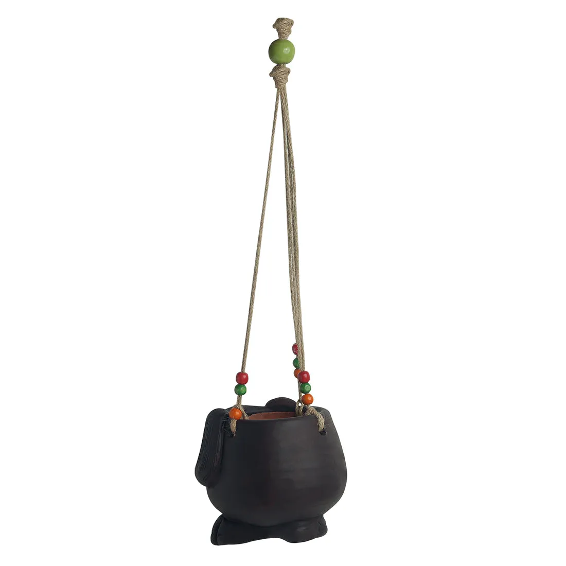 'Swinging Dog' Handmade & Hand-painted Hanging Planter Pot In Terracotta (14 cm)
