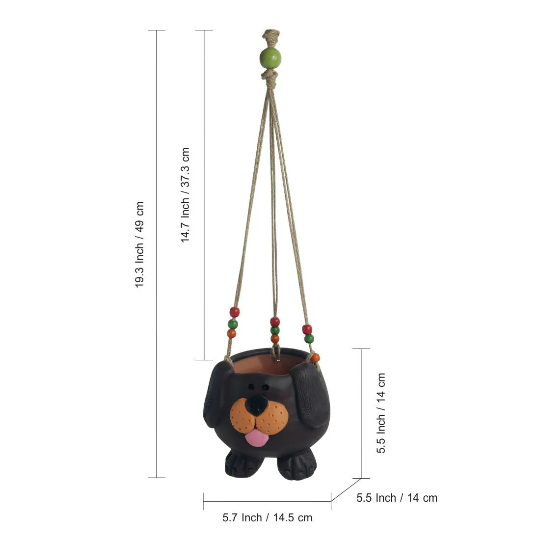 'Swinging Dog' Handmade & Hand-painted Hanging Planter Pot In Terracotta (14 cm)