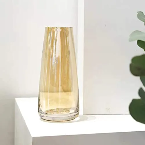 TIED RIBBONS Decorative Glass Vase for Flower Plants Home Decor Office Living Room Bedroom Table Top Decorations Items (Gold, 22.8 cm x 6.3 cm x 7.6 cm)