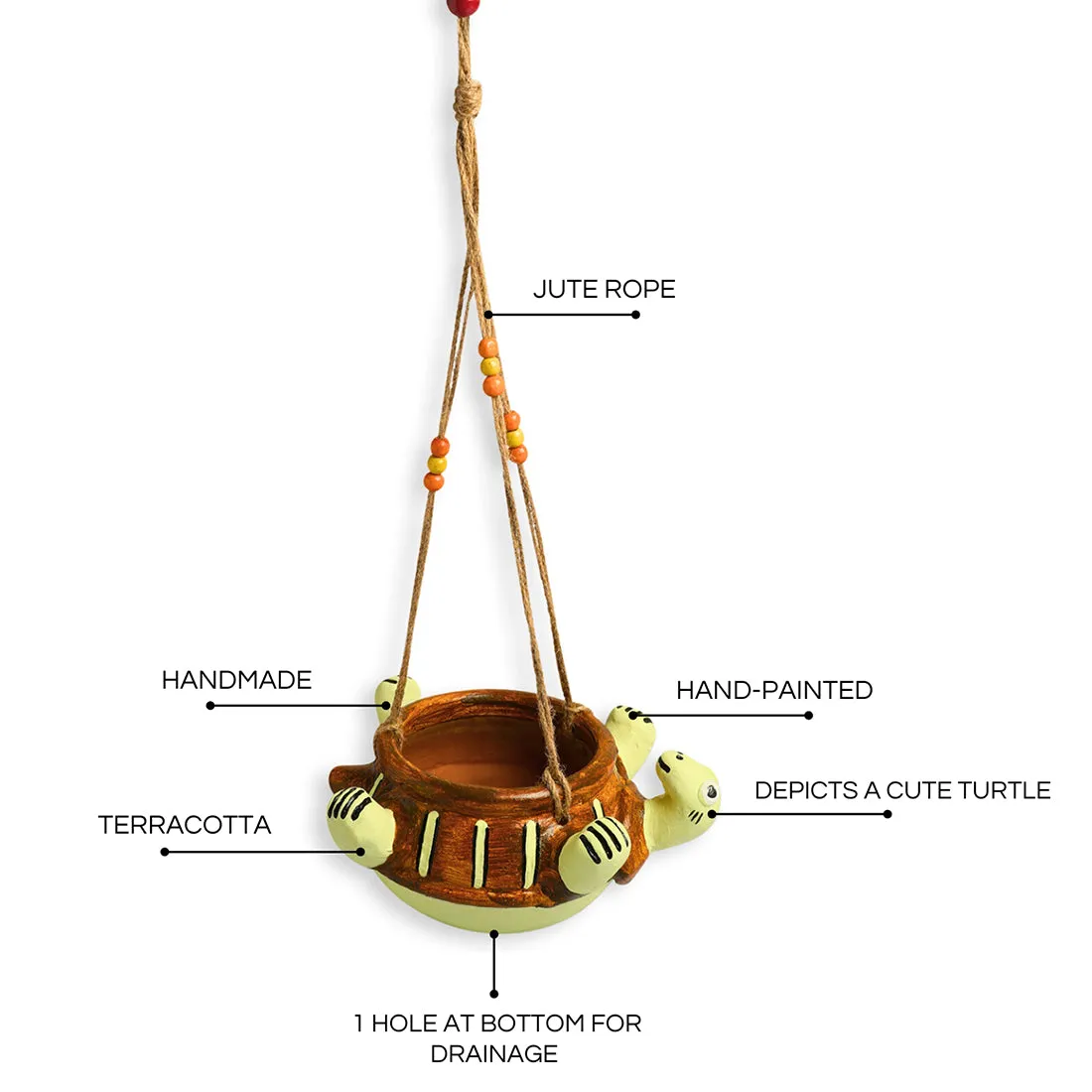 Toppled Turtle' Hanging Planter Pot In Terracotta (9.4 cm, Handmade & Hand-Painted, Brown)