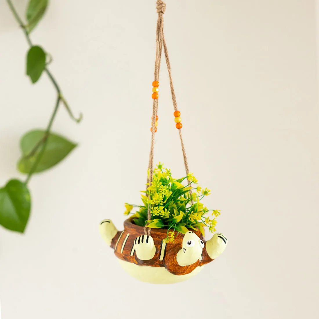 Toppled Turtle' Hanging Planter Pot In Terracotta (9.4 cm, Handmade & Hand-Painted, Brown)