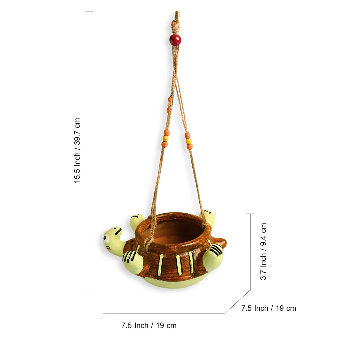 Toppled Turtle' Hanging Planter Pot In Terracotta (9.4 cm, Handmade & Hand-Painted, Brown)