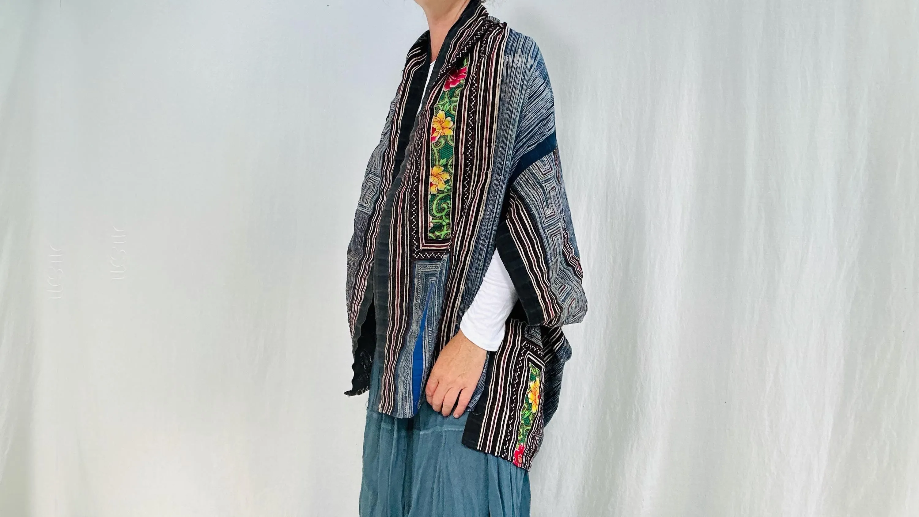 Vintage Hmong Indigo Shrug. Batik, Embroidered, Applique. Repurposed