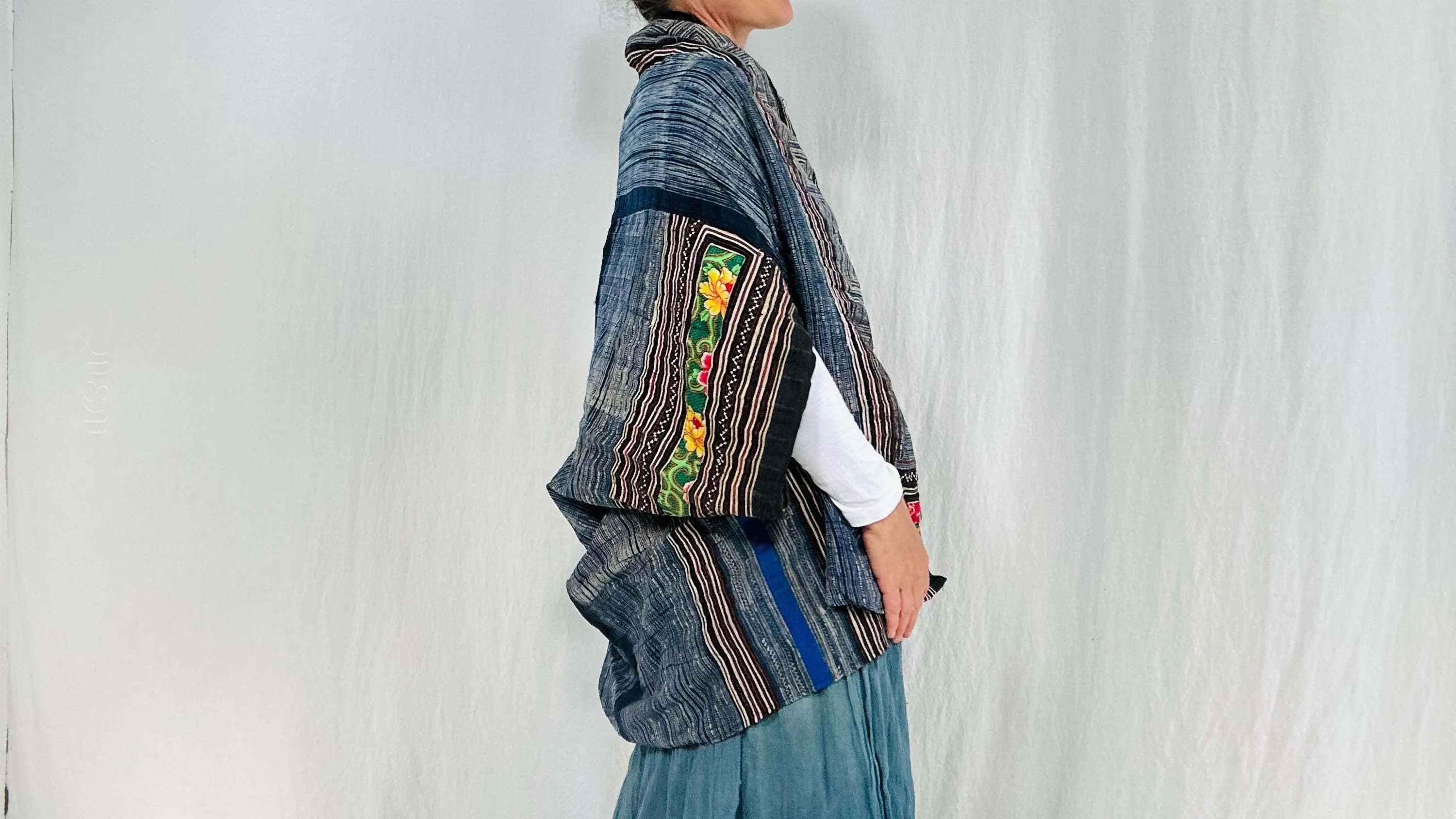 Vintage Hmong Indigo Shrug. Batik, Embroidered, Applique. Repurposed