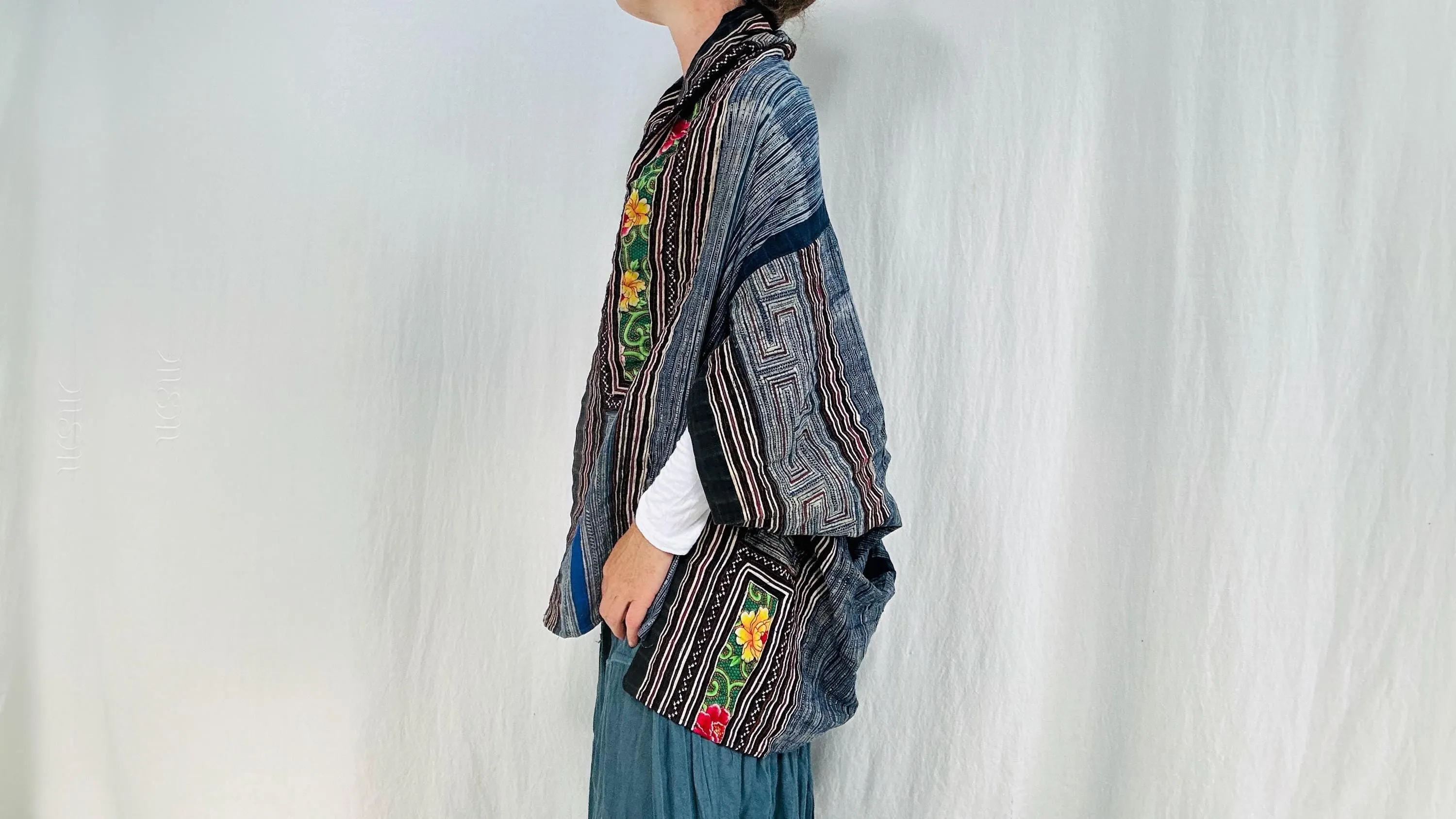 Vintage Hmong Indigo Shrug. Batik, Embroidered, Applique. Repurposed