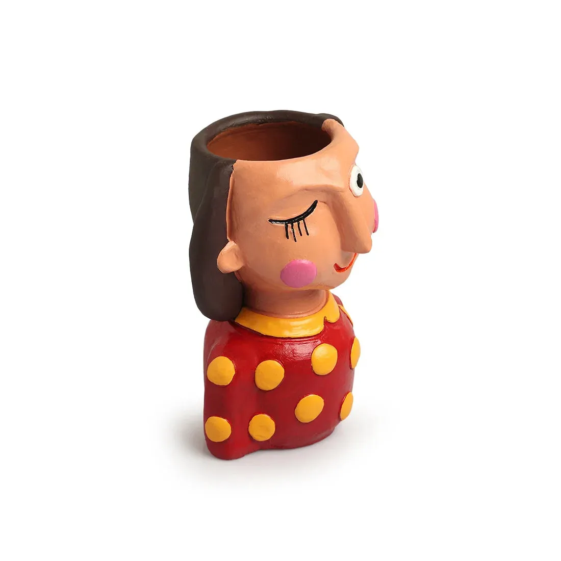 'Winking Lady' Handmade & Hand-Painted Terracotta Table Planter Flower Pot (19.1 cm, Multicolored)