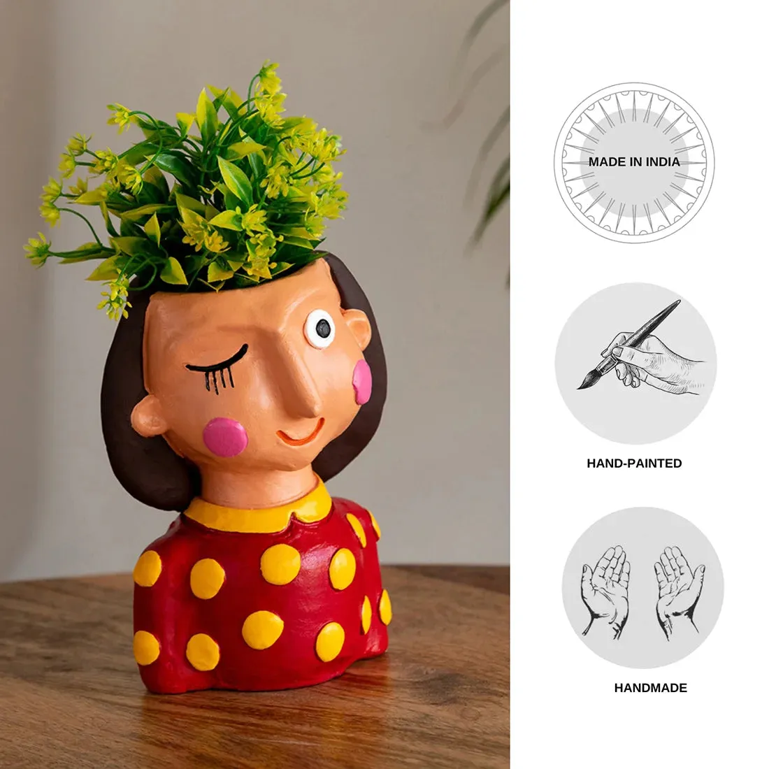 'Winking Lady' Handmade & Hand-Painted Terracotta Table Planter Flower Pot (19.1 cm, Multicolored)
