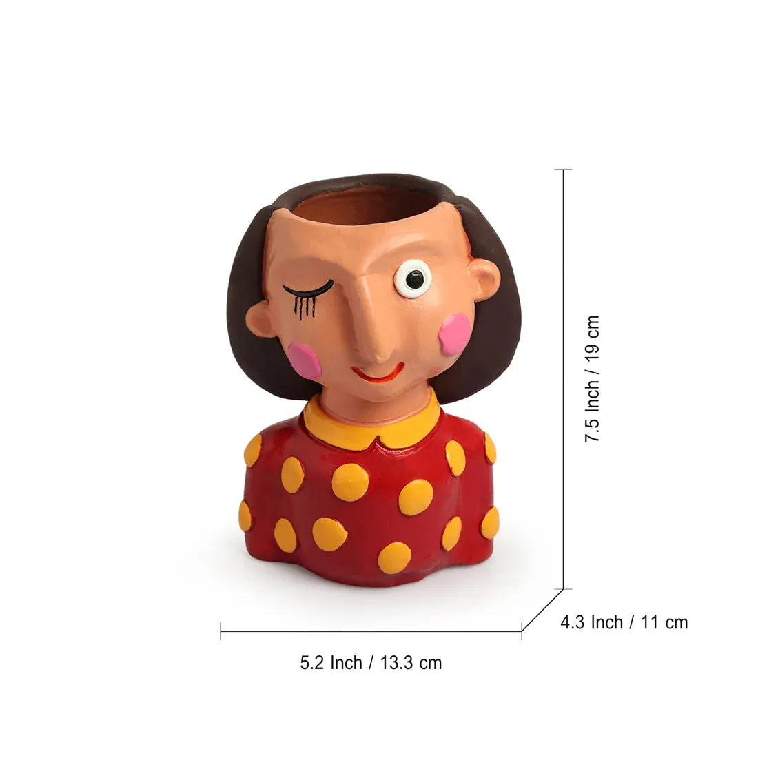 'Winking Lady' Handmade & Hand-Painted Terracotta Table Planter Flower Pot (19.1 cm, Multicolored)