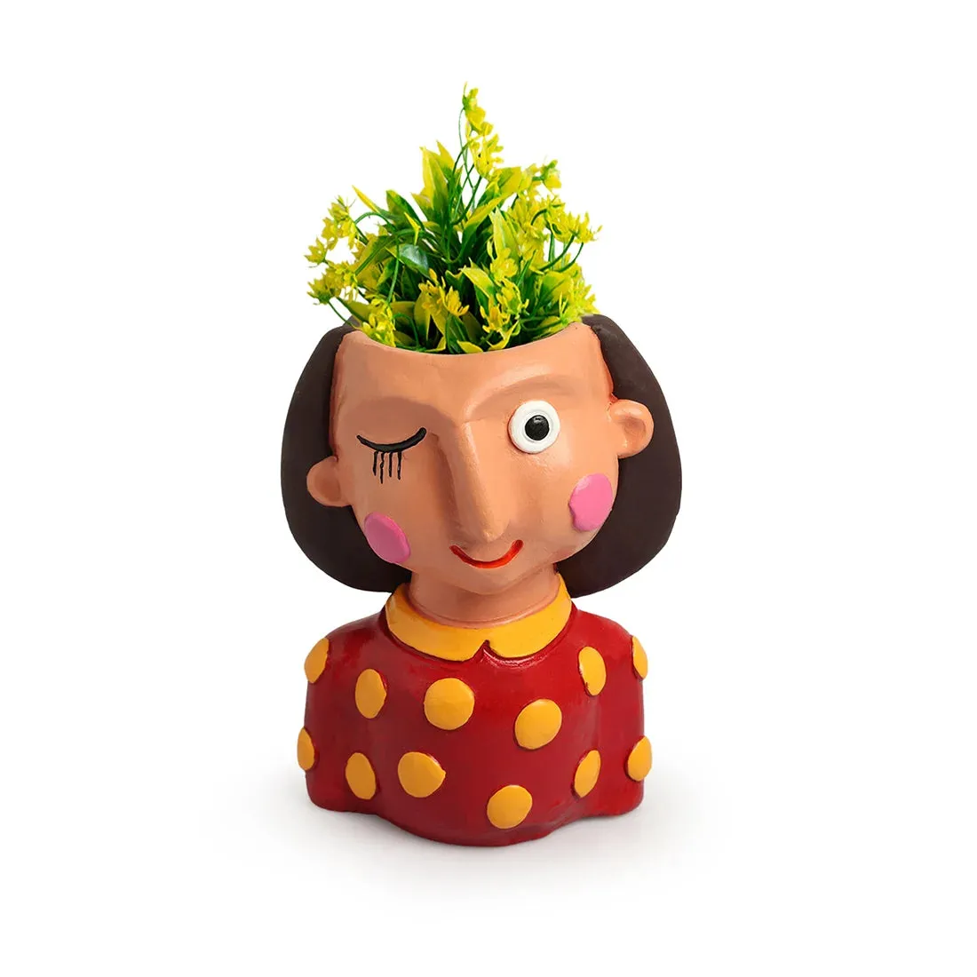 'Winking Lady' Handmade & Hand-Painted Terracotta Table Planter Flower Pot (19.1 cm, Multicolored)