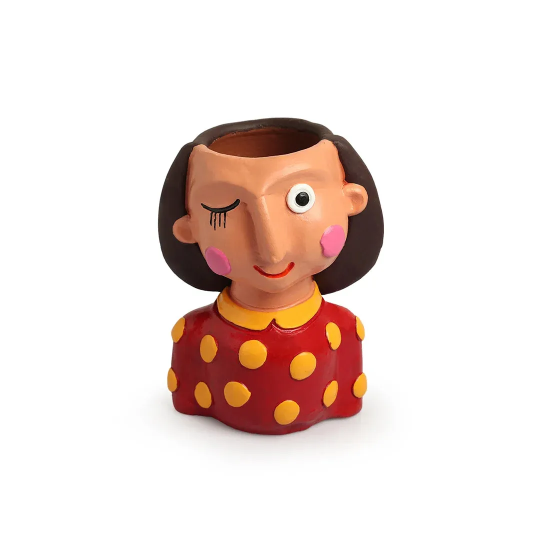'Winking Lady' Handmade & Hand-Painted Terracotta Table Planter Flower Pot (19.1 cm, Multicolored)