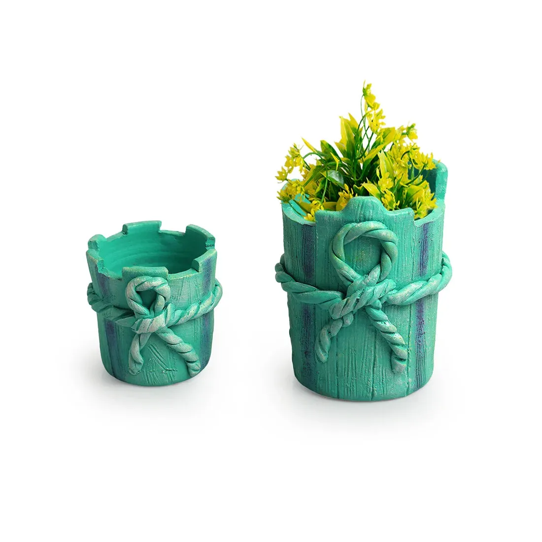 Wrapped Gift' Handmade & Hand-Painted Terracotta Table Planters Flower Pots (Set of 2, 14.7 & 8.9 cm, Blue)