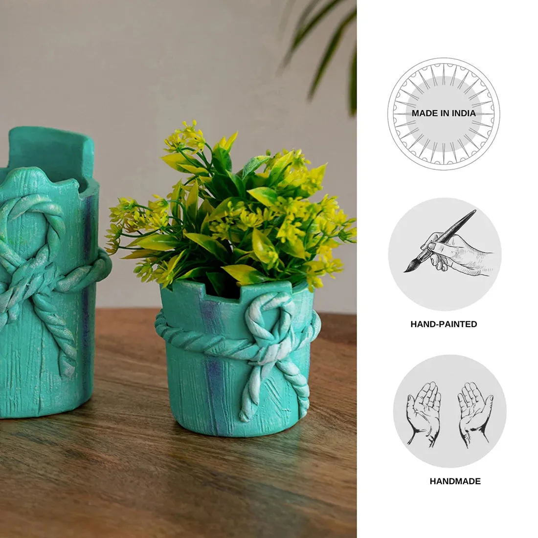 Wrapped Gift' Handmade & Hand-Painted Terracotta Table Planters Flower Pots (Set of 2, 14.7 & 8.9 cm, Blue)