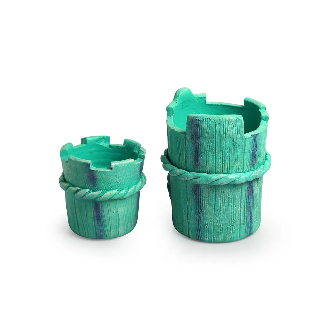 Wrapped Gift' Handmade & Hand-Painted Terracotta Table Planters Flower Pots (Set of 2, 14.7 & 8.9 cm, Blue)